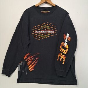 Vintage No Boundaries Y2K Long Sleeve Shirt Large Black Freestyle Flame Graphic